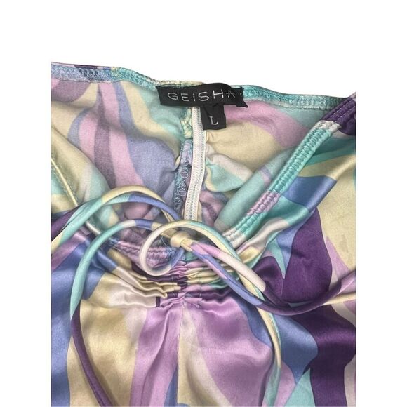 Geisha Women’s Large Flare Pants Silk Purple Abstract Ruched Lightweight - Picture 2 of 5